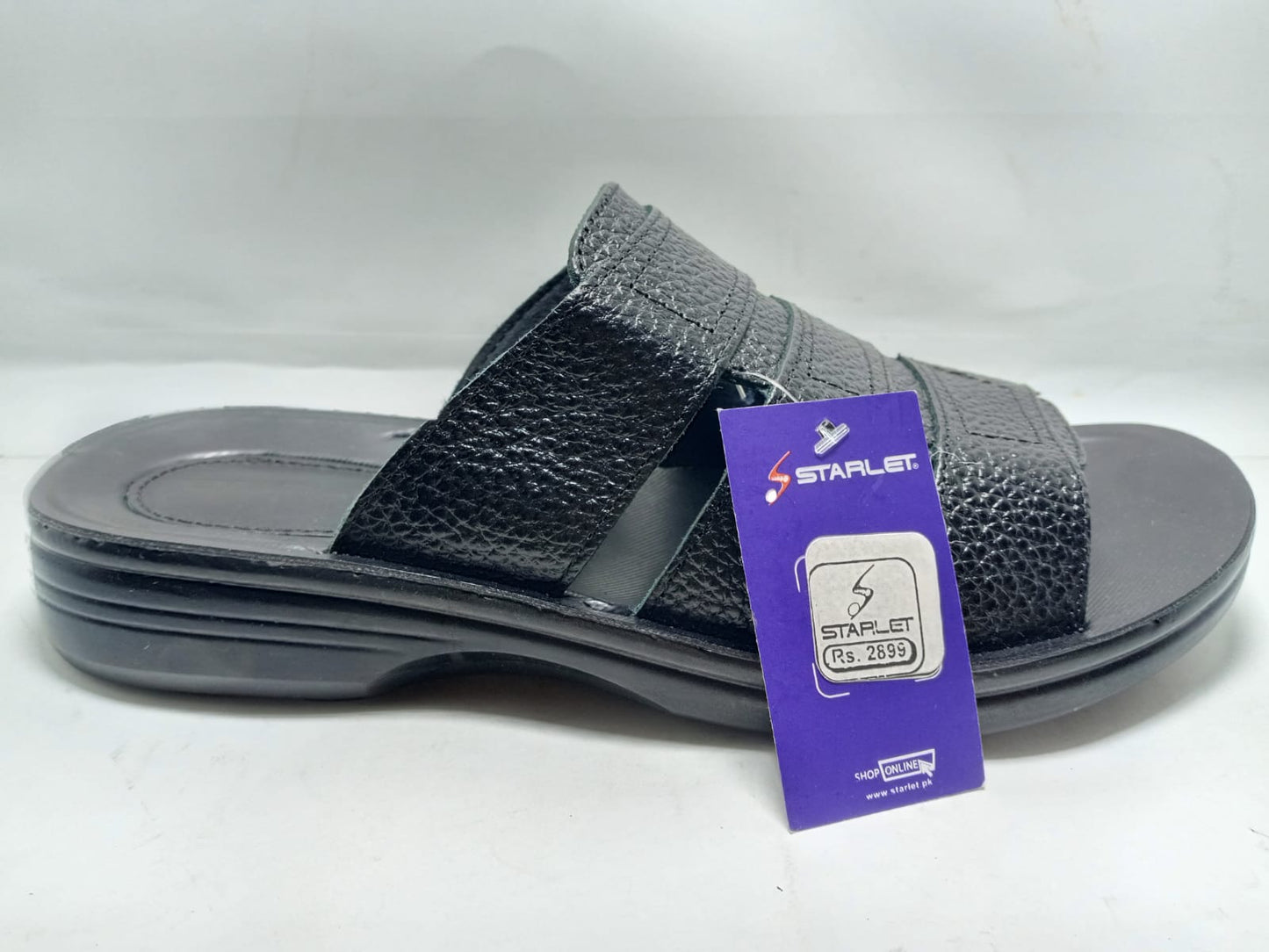 Stylish Black Starlet Men's Casual Leather Strap Slippers