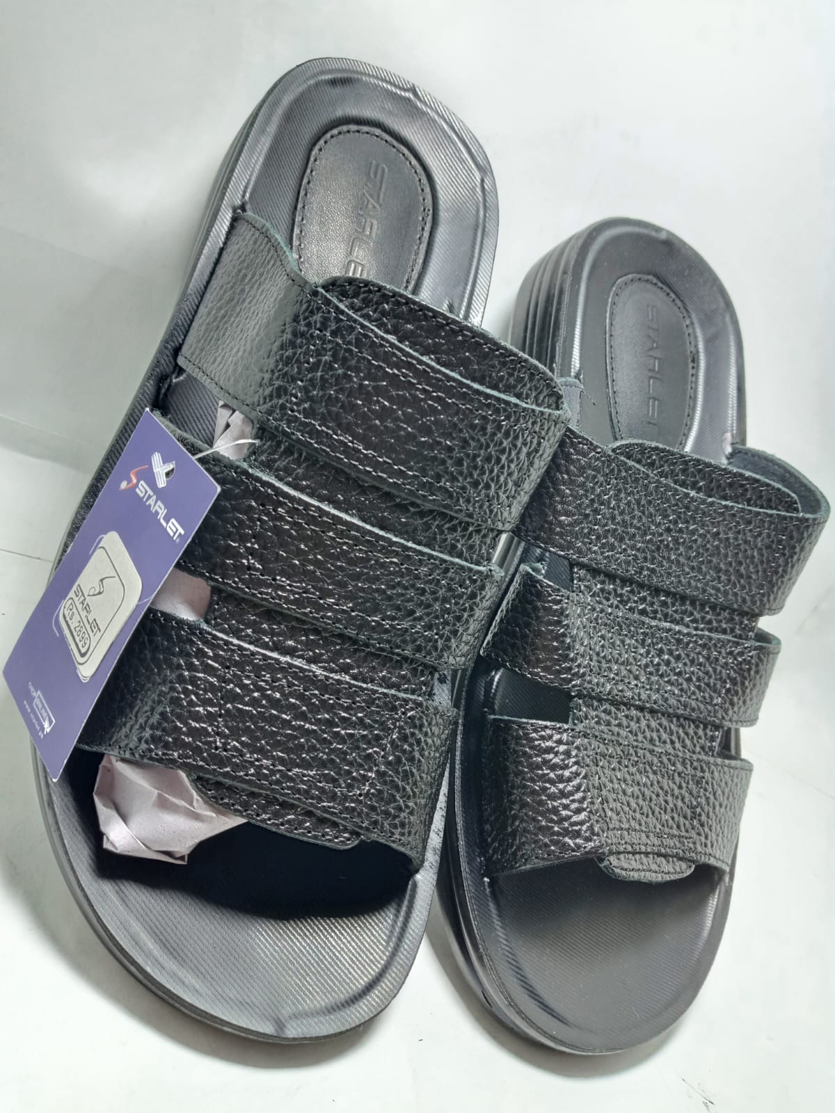 Stylish Black Starlet Men's Casual Leather Strap Slippers