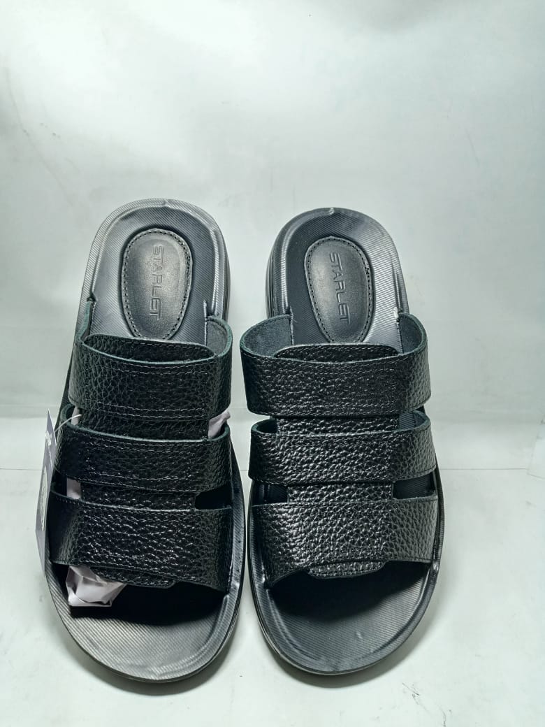 Stylish Black Starlet Men's Casual Leather Strap Slippers